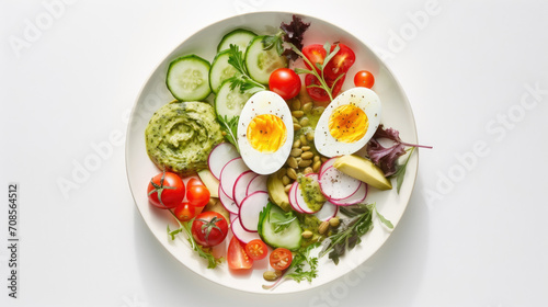 Top view of salad consisting of Arugula, Sunflower Seeds, Onions, Roasted Tomatoes, Boiled Eggs, Greek Yogurt, Herbs, Garlic, and Lemon on white background created with Generative AI Technology