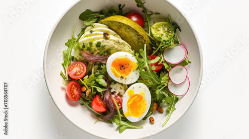 Top view of salad consisting of Arugula, Sunflower Seeds, Onions, Roasted Tomatoes, Boiled Eggs, Greek Yogurt, Herbs, Garlic, and Lemon on white background created with Generative AI Technology