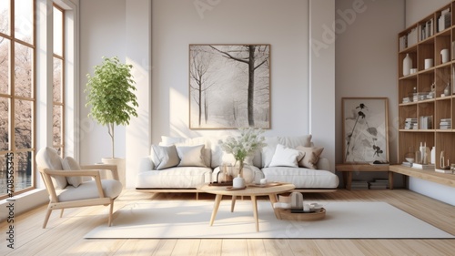 Fototapeta Naklejka Na Ścianę i Meble -  Cozy Modern Living Room with Stylish Decor and Furniture , wall Art , Poster , Interior Design