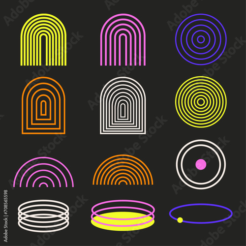 Vector illustration of trendy shapes. Set of y2k element Elements for posters design, stickers. Retro aesthetic. Isolated dark background