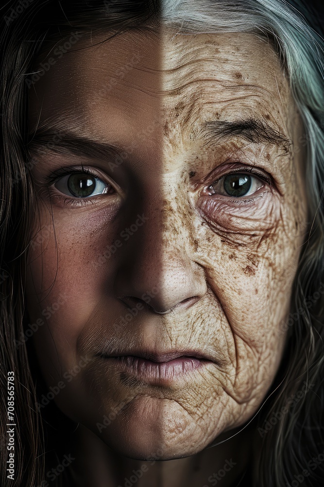 Close up portrait face: half young, half old. Becoming old concept. Close up portrait face: half young, half old. Becoming old concept.