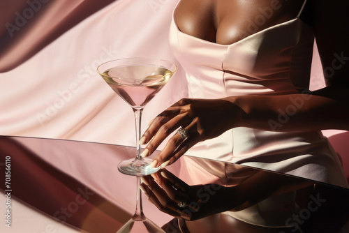 Beautiful lady in a pink dress with a glass of martini photo