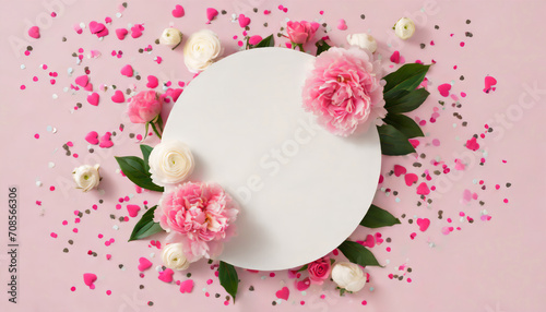 Top view of white empty circle and spring flowers pink roses on pink background with copy space © Loliruri