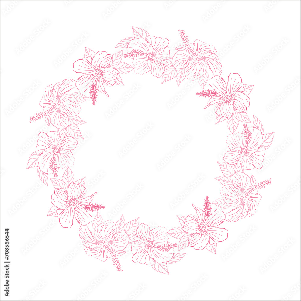 Hibiscus flower pink circle wreath. Can be used for wedding invitations, greeting cards, scrapbook, print, gift wrap. Hand drawn line art vector illustration