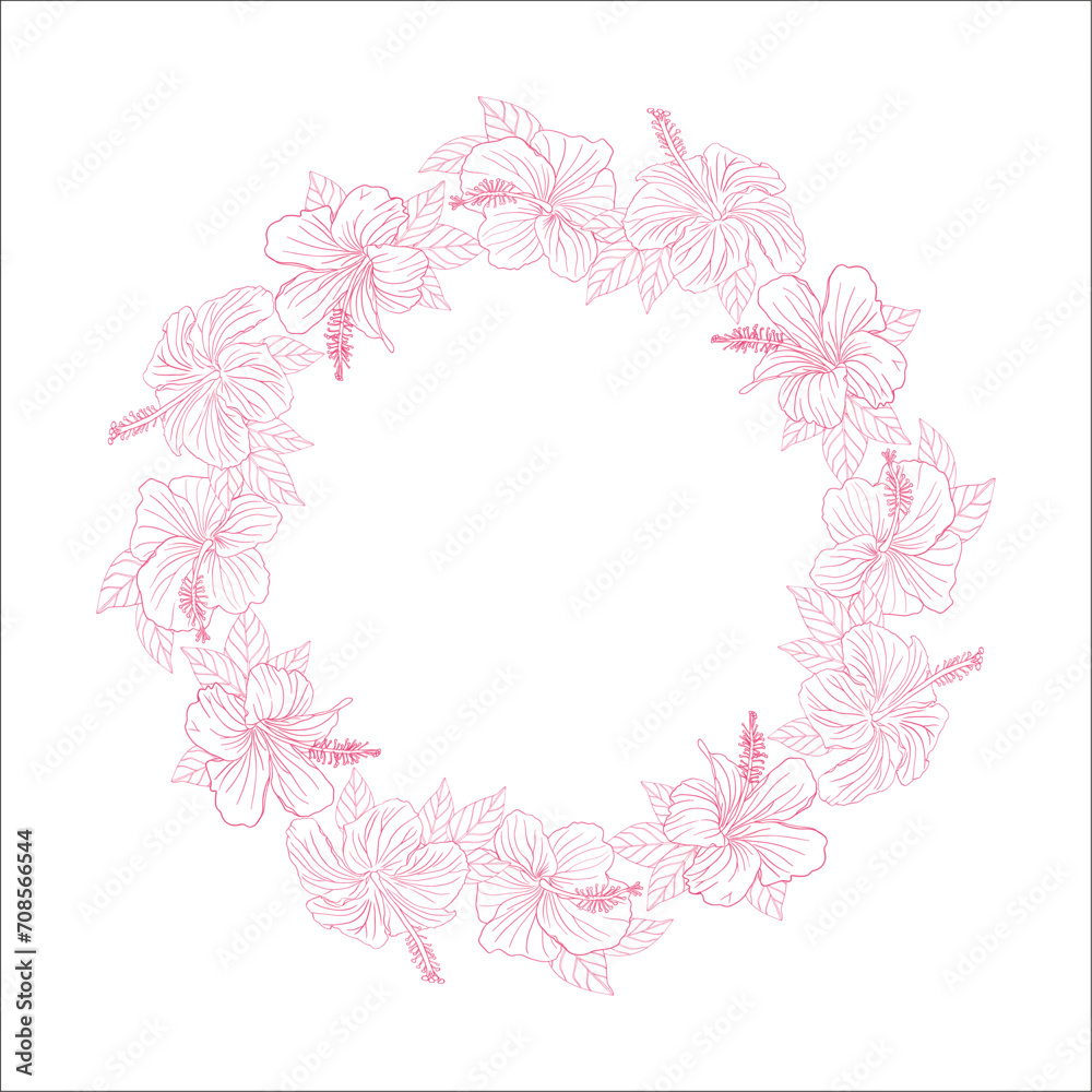Hibiscus flower pink circle wreath. Can be used for wedding invitations, greeting cards, scrapbook, print, gift wrap. Hand drawn line art vector illustration Hibiscus flower pink circle wreath. Can be used for wedding invitations, greeting cards, scrapbook, print, gift wrap. Hand drawn line art vector illustration