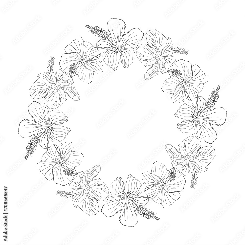 Hibiscus flower black ink circle wreath. Can be used for wedding invitations, greeting cards, scrapbook, print, gift wrap. Hand drawn line art vector illustration. Hibiscus flower black ink circle wreath. Can be used for wedding invitations, greeting cards, scrapbook, print, gift wrap. Hand drawn line art vector illustration.