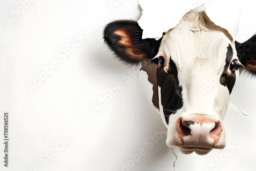  Amused Cow Observing Intently Through Torn White Paper photo