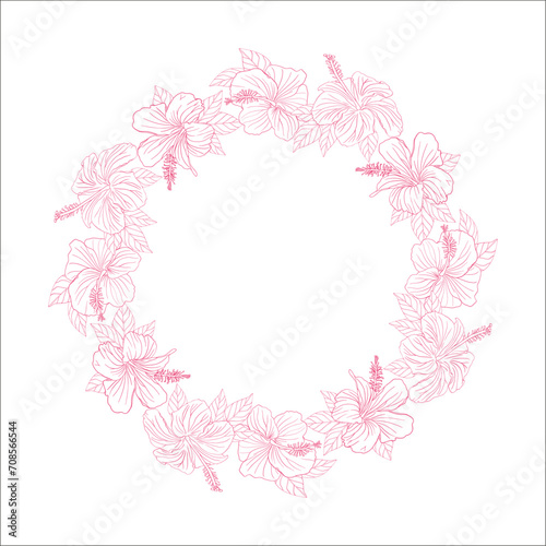 Hibiscus flower pink circle wreath. Can be used for wedding invitations, greeting cards, scrapbook, print, gift wrap. Hand drawn line art vector illustration