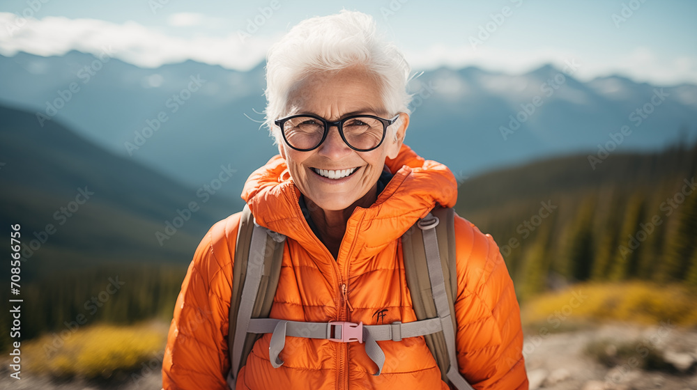 Joyful Senior Woman Embracing Adventure in the Mountains