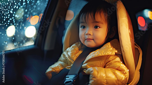 asian toddler is siting on carseat in the car at night   photo