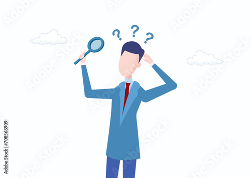 Observation or examination, curiosity to discover secret, search or analyze information, investigate or research concept, curious businessman holding magnifying glass observe data with question mark.