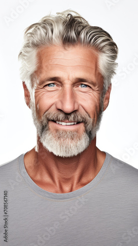 Portrait Handsome old mature man smiling with clean teeth, fresh hair, neat beard and strong jaw isolated on white background created with Generative AI Technology