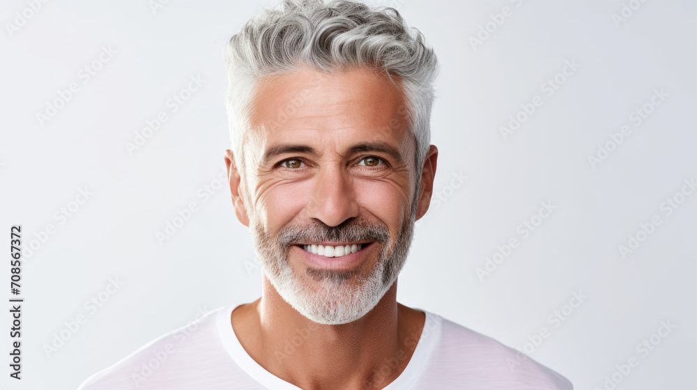 Portrait Handsome old mature man smiling with clean teeth, fresh hair, neat beard and strong jaw isolated on white background  created with Generative AI Technology - obrazy, fototapety, plakaty 