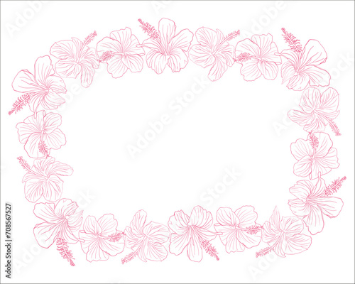 Hibiscus line art pink flower banner. Can be used for wedding invitations, greeting cards, scrapbook, print, gift wrap, manufacturing Hand drawn line art vector background