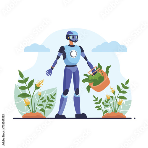 2d vector illustration colorful technology , ai robot farmer helping people at field with plant colorful design
