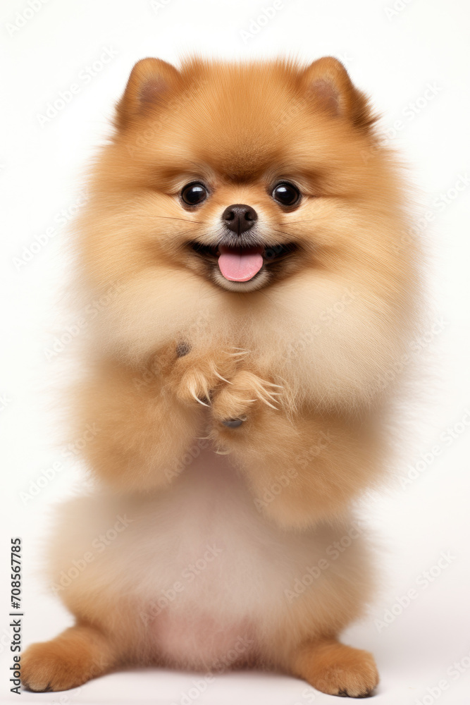 Cute brown Pomeranian dog sitting and raising its paws on a white background Cute brown Pomeranian dog sitting and raising its paws on a white background