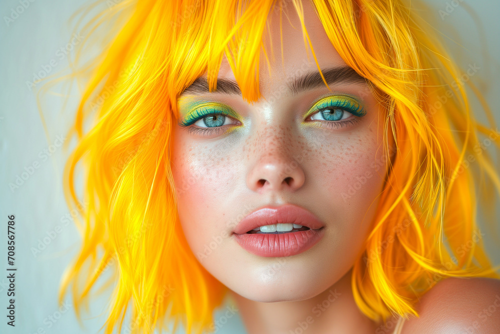 High quality portrait of inspired fashionable stylish trendy young woman with yellow coloured hair and green makeup, closeup portrait. High quality portrait of inspired fashionable stylish trendy young woman with yellow coloured hair and green makeup, closeup portrait.