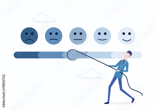 Customer feedback giving rating based on experience or quality from product and service, survey, opinion and review to evaluate result, man trying to pull customer feedback bar to be excellent smile.