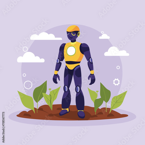 2d vector illustration colorful technology , ai robot farmer helping people at field with plant colorful design
