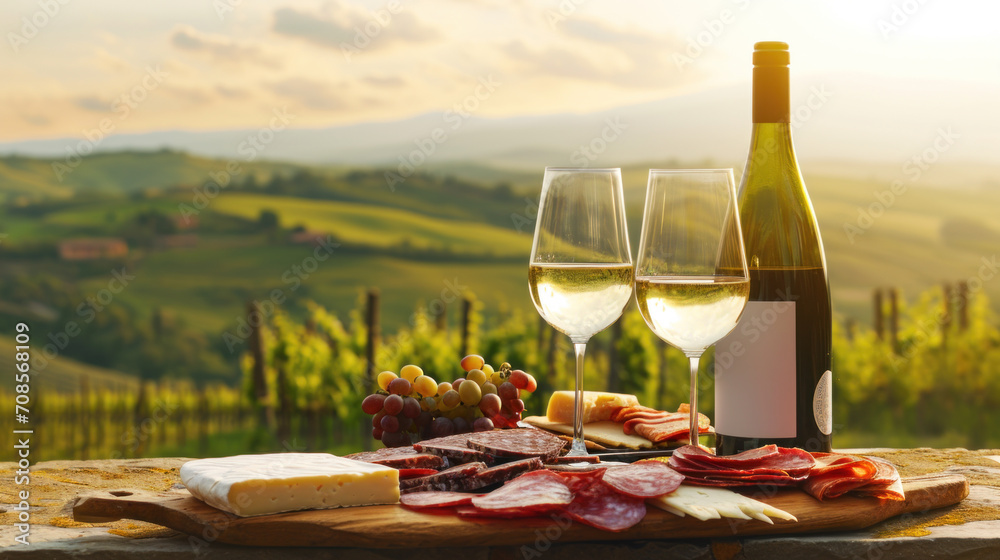 Fototapeta premium Picnic with white wine served outside with cheese and charcuterie, sunset light