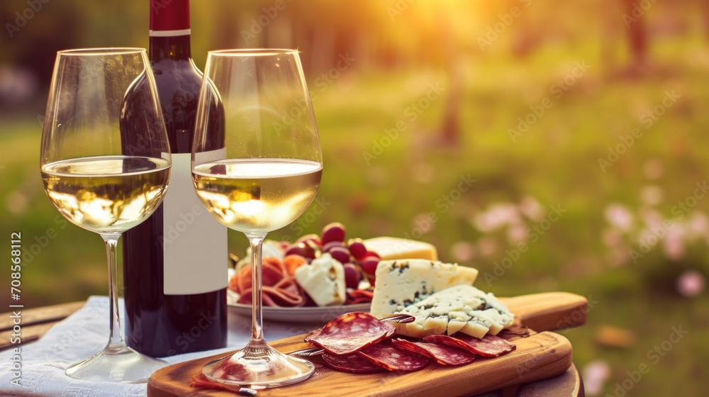 White wine with cheese and meats, summer picnic, meal served outside