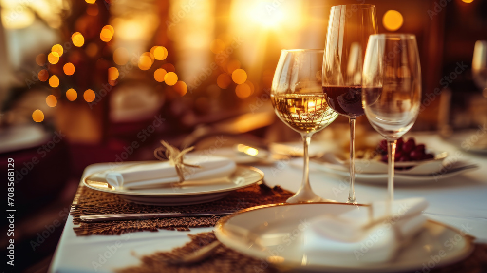 Glasses of red and white still wine on restaurant table, wine tasting event