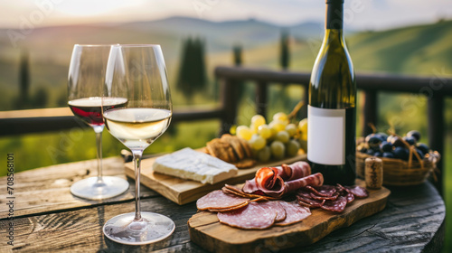 Picnic with white wine served outside with cheese and charcuterie, sunset light, beautiful valley, winemaking region