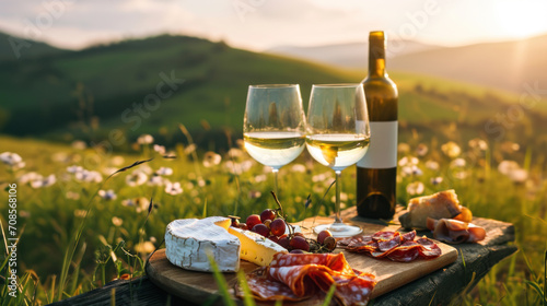 Picnic with white wine served outside with cheese and charcuterie, sunset light, beautiful valley, winemaking region photo