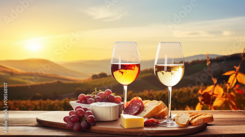 Picnic with white wine served outside with cheese and charcuterie, sunset light, beautiful valley, winemaking region