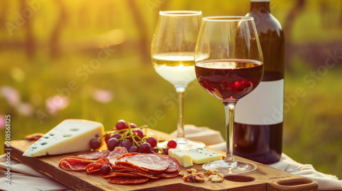 Red and white wine with cheese and meats, summer picnic, meal served outside