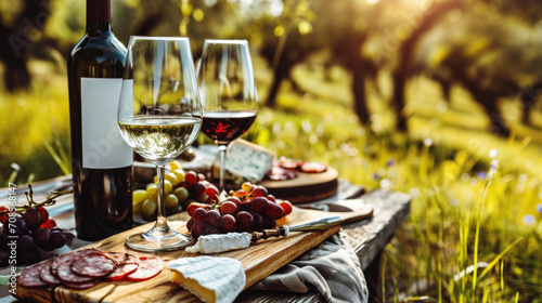 Picnic with red and white wine served with cheese and meats, vineyard in background,