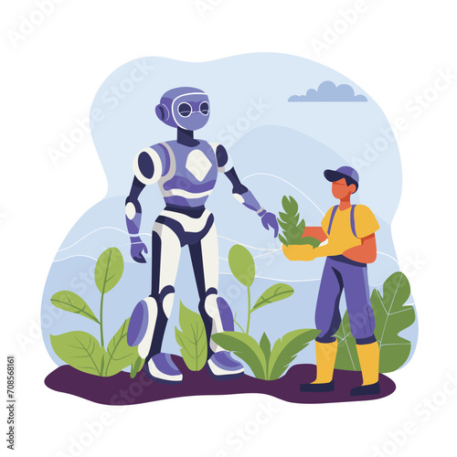 2d vector illustration colorful technology , ai robot farmer helping people at field with plant colorful design

