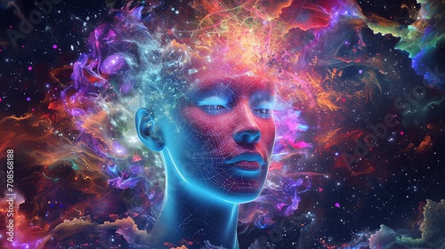 A portrait where human consciousness merges with the cosmos, depicted through a fusion of a contemplative face and a vibrant nebula, symbolizing the infinite potential of the mind.