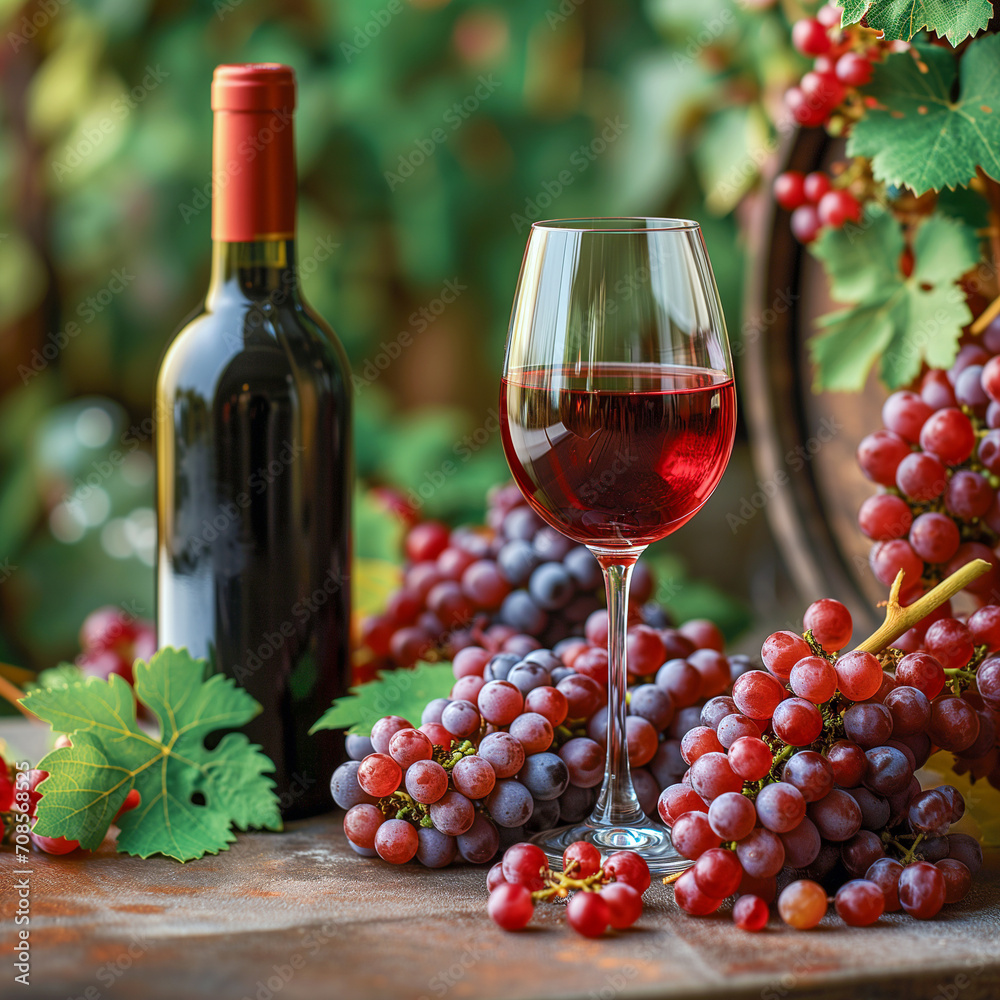 Obraz premium Still life of glass of red wine among red fresh grapes in front of wine bottles and wooden barrel. 