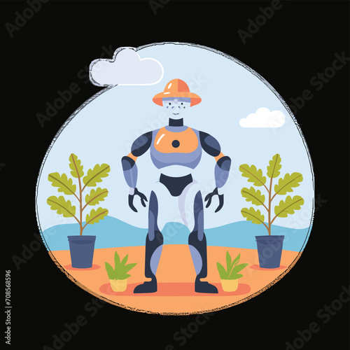 2d vector illustration colorful technology , ai robot farmer helping people at field with plant colorful design

