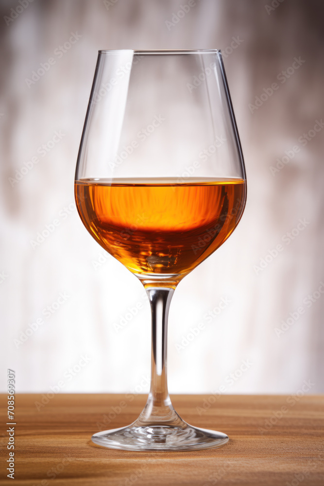 Glass of amber-colored sherry wine on wooden surface Glass of amber-colored sherry wine on wooden surface