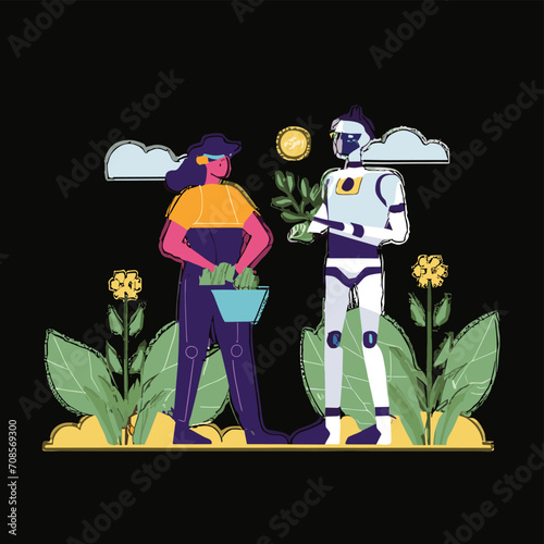 2d vector illustration colorful technology , ai robot farmer helping people at field with plant colorful design
