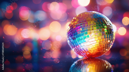 Colorful disco ball, blurred disco lights in background