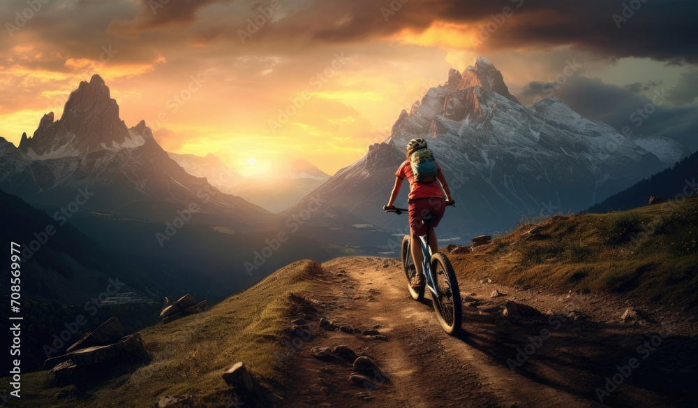 Person cycling on top of a mountain, professional photography, created with AI Person cycling on top of a mountain, professional photography, created with AI