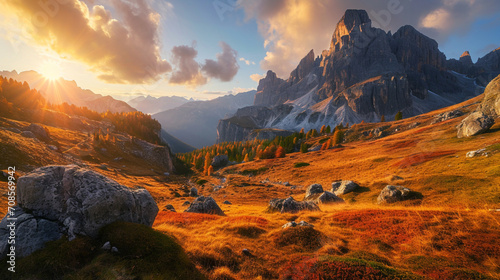  イタリア・ドロミテの秋の夕暮れ、明るい陽光に照らされる渓谷GenerativeAI © enopi