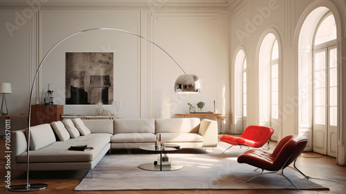 Living room interior with Arco Flos floor lamp.