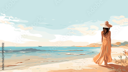 copy space, boho style illustration, woman on the beach. Beautiful summer atmosphere with backview of a woman walking on the beach. Summer or vacations background in a tropical place. Travel theme