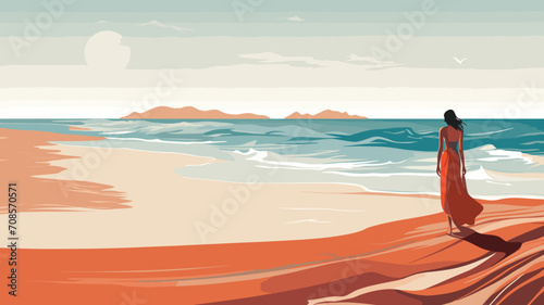 copy space, boho style illustration, woman on the beach. Beautiful summer atmosphere with backview of a woman walking on the beach. Summer or vacations background in a tropical place. Travel theme