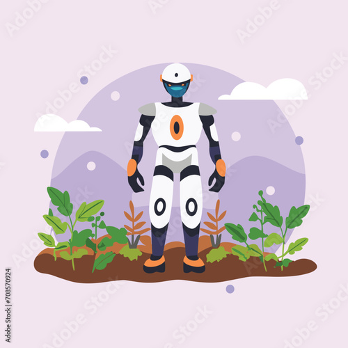 2d vector illustration colorful technology , ai robot farmer helping people at field with plant colorful design

