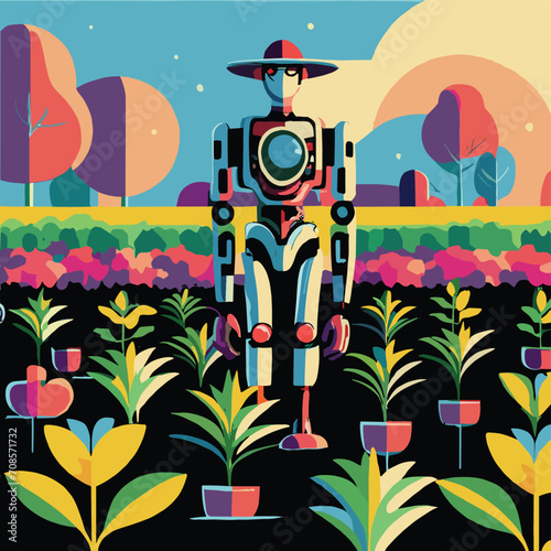 2d vector illustration colorful technology , ai robot farmer helping people at field with plant colorful design
