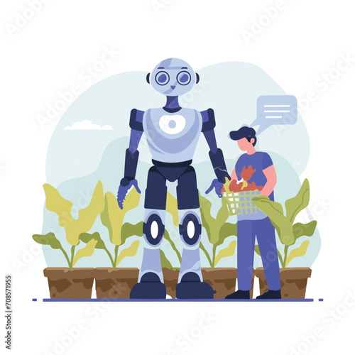 2d vector illustration colorful technology , ai robot farmer helping people at field with plant colorful design
