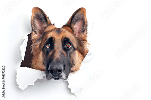 Inquisitive German Shepherd Looking Through a Torn Paper Hole