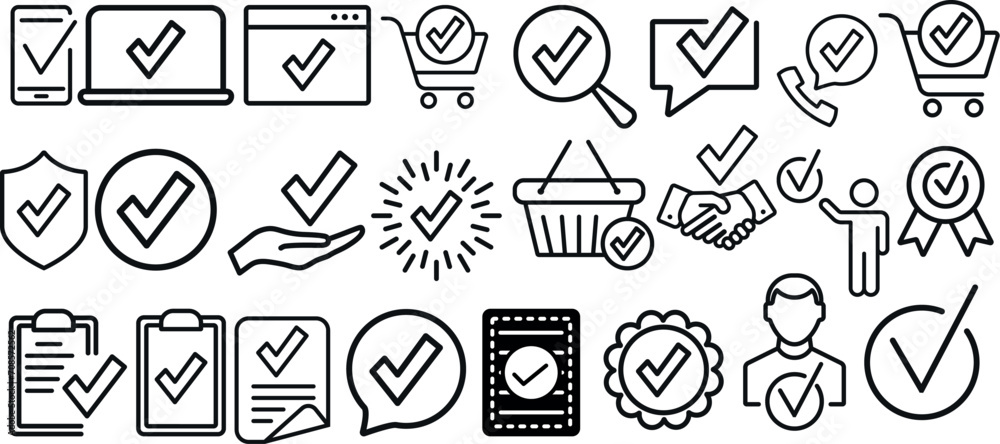 Checkmark Line Icon, Approved Application Icon, Quality check line sign. verified, certificate, accepted, confirm, great set collection Black vector illustration on white background eps .