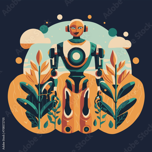 2d vector illustration colorful technology , ai robot farmer helping people at field with plant colorful design
