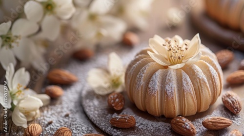 Almond flower-shaped cake, dusted with powdered sugar and surrounded by almonds and delicate flowers. Suitable for a restaurant menu and a culinary book with recipes